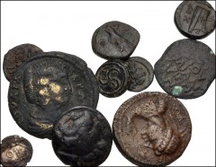 GREEK. Miscellaneous. Lot of ten (10) mixed Æ and AR denominations from around the ancient world. Includes: Five Greek fractional bronzes from Asia Minor and the Levant, along with a bronze 15mm of Am