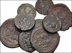 MIXED. Greek–Byzantine. Lot of nine (9) Æ denominations from Asia Minor. Includes: GREEK. Kings of Bosporos. Stater: Teiranes, with Probus. Double Denarius: Kotys III. ROMAN IMPERIAL. Æ 20mm: Leo I (3