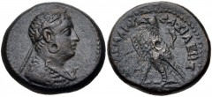 PTOLEMAIC KINGS of EGYPT. Ptolemy III Euergetes. 246-222 BC. Æ Hemiobol (20mm, 5.90 g, 12h). Uncertain mint in the Peloponnesos(?). Struck 230-222 BC. Laureate bust right, wearing aegis / Eagle with c