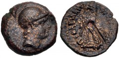 PTOLEMAIC KINGS of EGYPT. Ptolemy V or Ptolemy VI. 204-180 BC or 180-145 BC. Æ (14mm, 2.13 g, 12h). Alexandreia mint. Series 6. Helmeted male head right, beardless (Ptolemy IV as Ares?) / Eagle with c