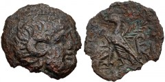 PTOLEMAIC KINGS of EGYPT. Kleopatra VII Thea Neotera. 51-30 BC. Æ Obol (24mm, 5.20 g, 12h). Uncertain mint on Cyprus(?). Head of Zeus-Ammon right / Eagle with closed wings standing left on thunderbolt