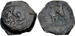 PTOLEMAIC KINGS of EGYPT. Kleopatra VII Thea Neotera. 51-30 BC. Æ Diobol (28mm, 16.79 g, 12h). Uncertain mint on Cyprus(?). Diademed head of Zeus-Ammon right / Two eagles with closed wings standing le
