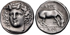 THESSALY, Larissa. Circa 356-342 BC. AR Drachm (18mm, 6.11 g, 11h). Head of the nymph Larissa facing slightly left, with hair in ampyx / ΛAPIΣ AIΩN above and below, horse right, preparing to lie down.