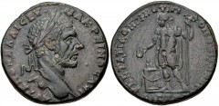 MOESIA INFERIOR, Nicopolis ad Istrum. Macrinus. AD 217-218. Æ (25mm, 11.19 g, 1h). Statius Longinus, legatis consularis. Laureate head right / Macrinus standing left, holding scepter and patera over l