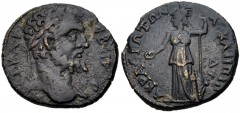 LYDIA, Acrasus. Septimius Severus. AD 193-211. Æ (22mm, 6.32 g, 12h). Laureate head right / Athena standing left, holding patera and reversed spear; shield to right. SNG von Aulock –; SNG Copenhagen –