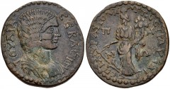 LYDIA, Hypaepa. Julia Domna. Augusta, AD 193-217. Æ (29mm, 14.72 g, 12h). Aurelius Apollodorus & Aurelius Attalus, strategoi. Struck AD 212-217. Draped bust right / Tyche standing left, holding rudder