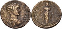 LYDIA, Thyateira. Geta. As Caesar, AD 198-209. Æ (31mm, 15.24 g, 6h). Moschus, strategos. Bareheaded, draped, and cuirassed bust right / Tyche standing left, holding rudder and cornucopia. LS 27; Othe