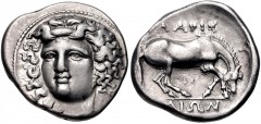 THESSALY, Larissa. Circa 356-342 BC. AR Drachm (19mm, 6.01 g, 6h). Head of the nymph Larissa facing slightly left, with hair in ampyx / ΛAPIΣ AIΩN above and below, horse right, preparing to lie down. 