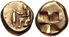MYSIA, Kyzikos. Circa 500-450 BC. EL Hekte – Sixth Stater (10mm, 2.66 g). Nude male kneeling left, holding tunny by its tail / Quadripartite incuse square. Von Fritze I 112; Boston MFA 1488; cf. SNG F