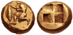 MYSIA, Kyzikos. Circa 500-450 BC. EL Myshemihekte – Twenty-fourth Stater (6mm, 0.61 g). Nude male kneeling left, holding tunny by its tail / Quadripartite incuse square. Von Fritze I 112; cf. Boston M