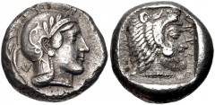 DYNASTS of LYCIA. Kherei. Circa 410-390 BC. AR Stater (18mm, 8.56 g, 10h). Telmessos mint. Helmeted head of Athena right; KH (in Lycian) behind and on neck guard / Bearded head of Herakles right, wear