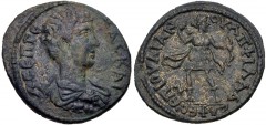 LYDIA, Philadelphia. Geta. As Caesar, AD 198-209. Æ (26mm, 7.58 g, 6h). Julianus, magistrate. Bareheaded, draped, and cuirassed bust right / Diana standing right, holding bow and drawing arrow from qu