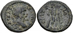 LYDIA, Saitta. Septimius Severus. AD 193-211. Æ (20mm, 4.34 g, 6h). Laureate head right / Hercules standing right, head left, holding lion skin and resting hand upon club. SNG von Aulock 3097; SNG Cop
