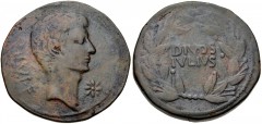 The Triumvirs. Octavian and Divus Julius Caesar. 38 BC. Æ Sestertius (30mm, 17.72 g, 12h). Southern Italian mint(?). Bare head of Octavian right; star of eight rays before / DIVOS IVLIVS in two lines 