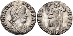 Gratian. AD 367-383. AR Siliqua (15mm, 1.80 g, 6h). Treveri (Trier) mint. Struck AD 367-378. Pearl-diademed, draped, and cuirassed bust right / Roma seated left on throne, holding crowning Victory on 