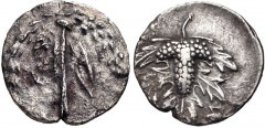 LYDIA, Sardes. Circa 166-67 BC. AR Didrachm (20.5mm, 5.03 g, 11h). Cistophoric type. Struck circa 166-160 BC. Lion skin draped over upright club within wreath / Grape bunch on leaf; thyrsos to lower l