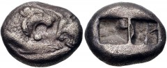 KINGS of LYDIA. Kroisos. Circa 564/53-550/39 BC. AR Hemistater (15mm, 5.30 g). Sardes mint. Confronted foreparts of lion and bull / Two incuse squares. Berk 23; Traité –; SNG Kayhan –; SNG von Aulock 