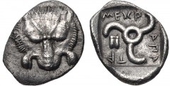 DYNASTS of LYCIA. Mithrapata. Circa 390-370 BC. AR Sixth Stater (13mm, 1.29 g). Facing lion scalp / Triskeles; astragalos in segment; all within incuse square. Falghera 196 var. (symbol, shorter name)