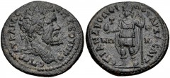 LYDIA, Saitta. Septimius Severus. AD 193-211. Æ (26mm, 9.22 g, 6h). Andronicus, archon. Laureate head right / Mên standing left, holding pine cone and scepter. SNG von Aulock 3098; BMC 42-3. VF, green