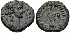 LYDIA, Sardis. Pseudo-autonomous issue. temp. Trajan, AD 98-117. Æ (15mm, 2.85 g, 1h). L. Julius Libonianus, strategos. Head of Dionysus right, wearing ivy wreath / Filleted thyrsus; bee to right. LS 