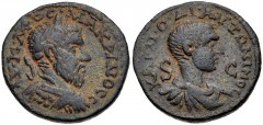 SYRIA, Seleucis and Pieria. Antioch. Macrinus, with Diadumenian as Caesar. AD 217-218. Æ (20mm, 5.52 g, 12h). Laureate and cuirassed bust of Macrinus right / Bareheaded, draped, and cuirassed bust of 