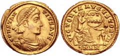 Constantius II. AD 337-361. AV 1½ Scruple (16mm, 1.68 g, 12h). Antioch mint. Struck AD 355-361. Pearl-diademed, draped, and cuirassed bust right / Victory seated left on cuirass and shield, inscribing