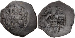 Michael VIII Palaeologus. 1261-1282. BI Trachy (24mm, 2.80 g, 6h). Thessalonica mint. Half-length bust of St. Demetrius facing / Michael enthroned facing, holding lis-tipped scepter and globus crucige