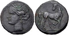 CARTHAGE, Second Punic War. Circa 203-201 BC. BI 1½ Shekels (25mm, 10.05 g, 12h). Head of Tanit left, wearing wreath of grain ears and single-pendant earring / Horse standing right, head left, raising