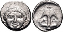 THRACE, Apollonia Pontika. Late 5th-4th centuries BC. AR Drachm (14mm, 2.87 g, 7h). Facing gorgoneion / Upright anchor; crayfish to left, A to right. Topalov, Apollonia 45; SNG BM Black Sea 160-1 var.