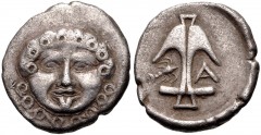 THRACE, Apollonia Pontika. Late 5th-4th centuries BC. AR Drachm (14mm, 2.78 g, 5h). Facing gorgoneion / Upright anchor; crayfish to left, A to right. Topalov, Apollonia 45; SNG BM Black Sea 160-1 var.