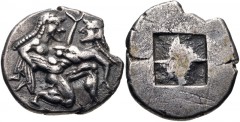 ISLANDS off THRACE, Thasos. Circa 500-480 BC. AR Stater (22mm, 8.90 g). Satyr advancing right, carrying off protesting nymph / Quadripartite incuse square. Le Rider, Thasiennes 2; HPM pl. X, 3–5; HGC 
