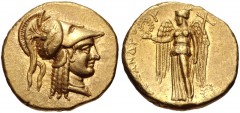 KINGS of MACEDON. Alexander III ‘the Great’. 336-323 BC. AV Stater (18.5mm, 8.58 g, 6h). Tarsos mint. Struck under Balakros or Menes, circa 332/1-327 BC. Head of Athena right, wearing single-pendant e