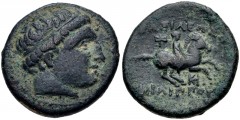 KINGS of MACEDON. Philip III Arrhidaios. 323-317 BC. Æ Unit (19mm, 5.76 g, 10h). Miletos mint. Struck under Asandros, circa 323-319 BC. Diademed head right / Horseman riding right; labrys above, monog