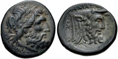 AKARNANIA, The Oiniadai. Circa 219-211 BC. Æ (20mm, 7.15 g, 9h). Laureate head of Zeus right; ΠPI below / Head of Acheloös right; monogram to left. BCD Akarnania 351.4–7; HGC 4, 899. VF, dark green-br