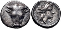 PHOKIS, Federal Coinage. Circa 357-354 BC. AR Triobol – Hemidrachm (14mm, 2.56 g, 11h). Philomelos, strategos. Facing boukranion / Head of Artemis right; branch to left. Williams 184 (O226/R– [unliste