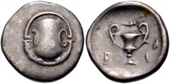 BOEOTIA, Federal Coinage. Circa 395-340 BC. AR Hemidrachm (15mm, 2.72 g). Boeotian shield / Kantharos; above, club right; ivy leaf to right; all within concave square. BCD Boiotia 30; HGC 4, 1165. VF,