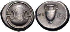 BOEOTIA, Thebes. Circa 363-338 BC. AR Stater (21mm, 12.10 g). Diok-, magistrate. Boeotian shield / Amphora; ΔI-OK across field; all within incuse concave circle. Hepworth 28; BCD Boiotia 550; HGC 4, 1