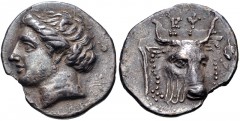 EUBOIA, Euboian League. Circa 304-290 BC. AR Drachm (17mm, 3.50 g, 11h). Head of Euboia left / Head of bull right, in perspective; grape bunch to right. Wallace 72 (dies XXXVII/46); BCD Euboia 20–1; H