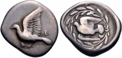 SIKYONIA, Sikyon. Circa 431-400 BC. AR Drachm (18.5mm, 5.63 g, 9h). Dove standing left; Σ-E below and above tail / Dove flying left within wreath. BCD Peloponnesos 177; HGC 5, 206. Fine, toned, tiny d