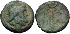 LAKONIA, Lakedaimon (Sparta). Circa 48-35 BC. Æ Hexachalkon (22mm, 6.05 g, 6h). Bearded head of Lykourgos right / Kerykeion; ΦI to lower left, monogram and I to lower right; all within wreath. Grunaue