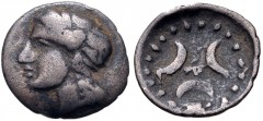 CRETE, Kydonia. Circa 320-270 BC. AR Obol (12mm, 0.90 g, 7h). Head of maenad right / Three crescents around central K. Svoronos, Numismatique 26; SNG Copenhagen 407. Fine, toned, light porosity, tiny 