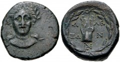 TROAS, Alexandreia. Circa 164-135 BC. Æ Double Unit (18.5mm, 6.45 g, 12h). Laureate head of Apollo facing / Kithara; monogram below; all within wreath. Bellinger A142 corr. (some cited examples have a