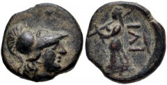 TROAS, Ilion. Circa 159-133 BC. Æ Quarter Unit (11mm, 1.30 g, 6h). Helmeted head of Athena right / Athena Ilias advancing left; olive leaf to right. Bellinger –; SNG Copenhagen 353–7 var. (symbol on r