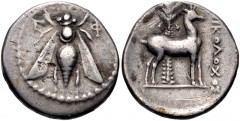 IONIA, Ephesos. Circa 202-150 BC. AR Drachm (17mm, 4.12 g, 12h). Nikolochos, magistrate. Bee with straight wings / Stag standing right before palm tree; [Ν]ΙΚΟΛΟΧΟΣ before. Kinns, Attic p. 89; SNG Cop