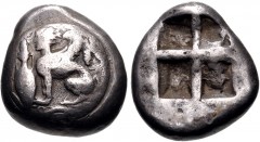 ISLANDS off IONIA, Chios. Circa 435-425 BC. AR Stater (15mm, 7.80 g). Sphinx seated left; amphora and grape bunch to left, grape bunch to right; all within wreath on raised disk / Quadripartite incuse