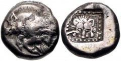 ISLANDS off IONIA, Samos. Circa 526-522 BC. AR Drachm (12mm, 3.51 g, 10h). Forepart of winged boar left / Lion scalp facing in dotted square within incuse square. Barron Class A ii, 42a (DA24/DP37 – t