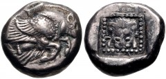 ISLANDS off IONIA, Samos. Circa 526-522 BC. AR Drachm (13mm, 3.60 g, 8h). Forepart of winged boar left / Lion scalp facing in dotted square within incuse square. Barron Class A ii, 59a (DA27/DP45 – th