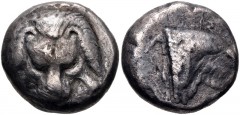 ISLANDS off IONIA, Samos. Circa 477/6-461/0 BC. AR Tetradrachm (19mm, 12.24 g, 5h). Facing lion scalp / Head of ox right; fluke to left. Barron, Silver, Class III, 32 (A17/P32 – this coin, illustrated