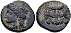 ISLANDS off IONIA, Samos. Circa 408/4-380/66 BC. Æ (13.5mm, 2.64 g, 6h). Head of Hera right / Facing lion scalp; no ethnic. HGC 6, 1249 var. (ethnic on rev.); SNG Copenhagen 1694 var. (same). VF, eart