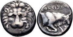 ISLANDS off IONIA, Samos. Circa 310-300 BC. AR Didrachm (17mm, 6.24 g, 12h). Rhodian standard. Leontiskos, magistrate. Lion scalp facing / Forepart of ox right; olive branch to lower right. Barron p. 